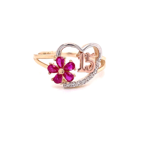 14k White Gold 15 Ring with Gemstone Flower - MyAZGold