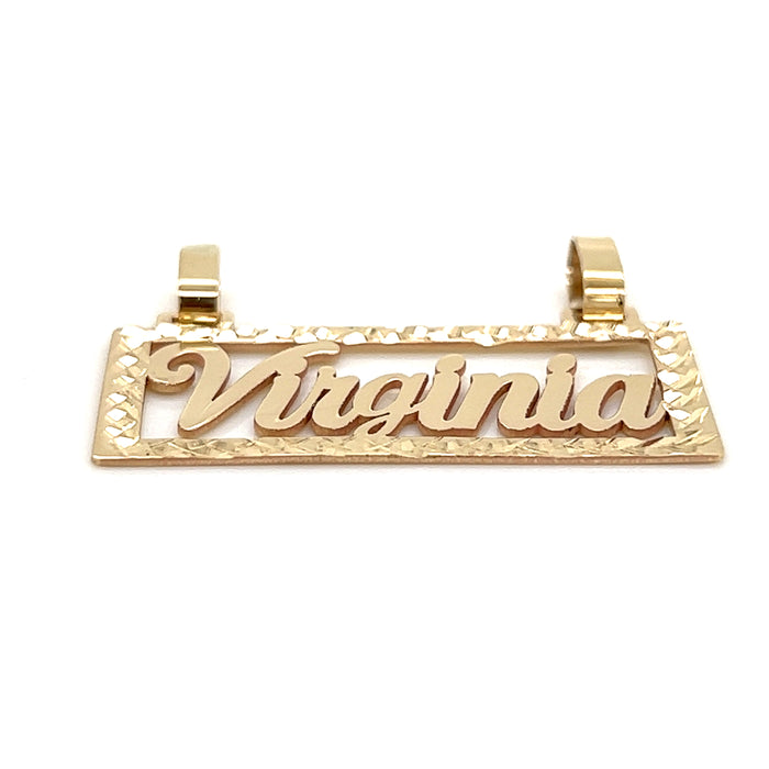 14k Gold Rectangle Cutout Cursive Nameplate with Valentino Necklace
