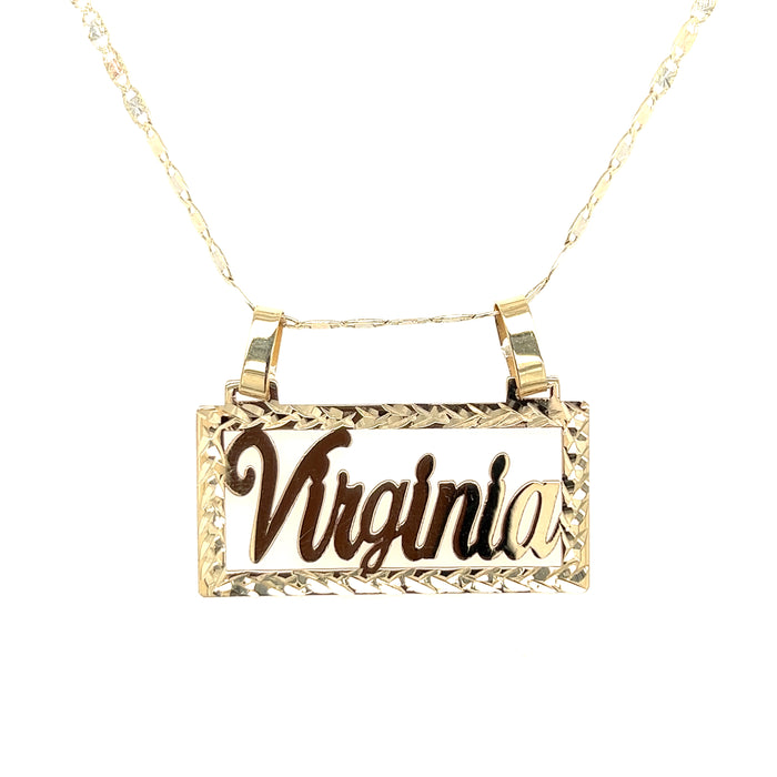 14k Gold Rectangle Cutout Cursive Nameplate with Valentino Necklace