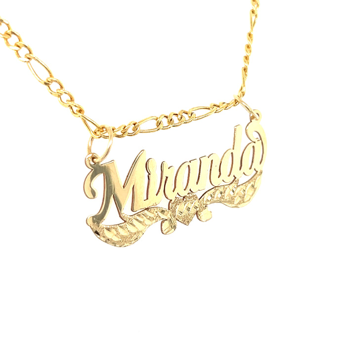 14k Custom Gold Name Heart and Side Ribbon Details with Figaro Necklace
