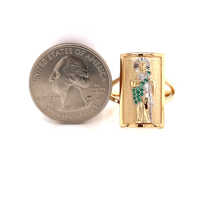 14k San Judas Ring with Green Gemstone Tunic and White Gold Halo