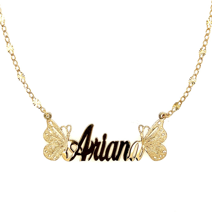14k Cursive Gold Name with Side Butterflies and Attached Cuban Star Necklace