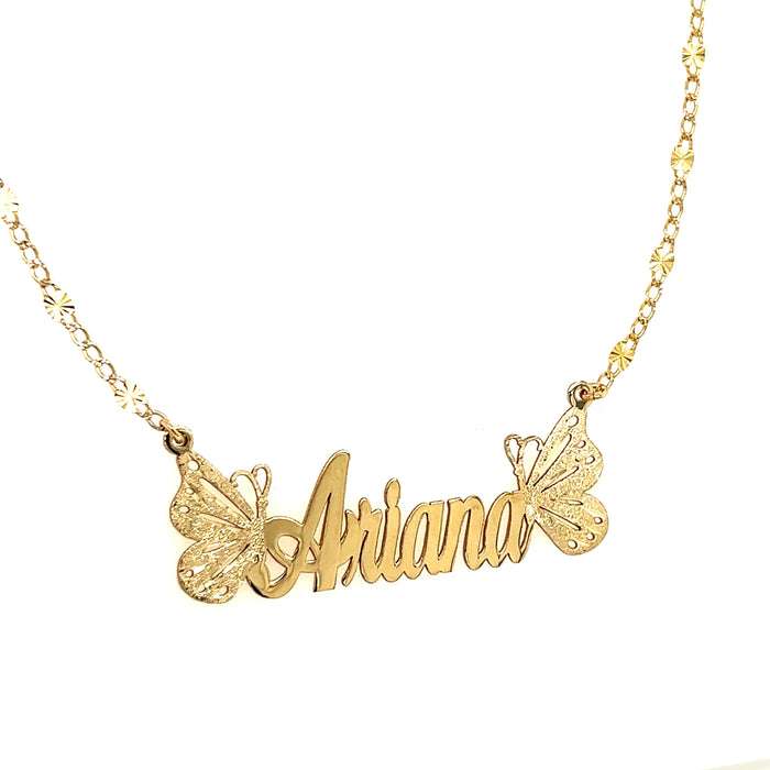 14k Cursive Gold Name with Side Butterflies and Attached Cuban Star Necklace