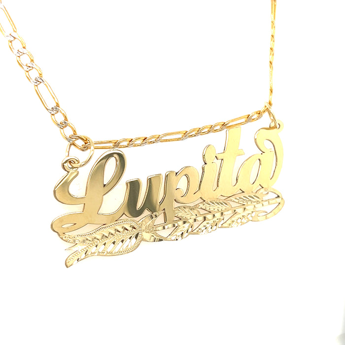 14k Custom Gold Name with Full Rose Design and Figaro Pavé Chain