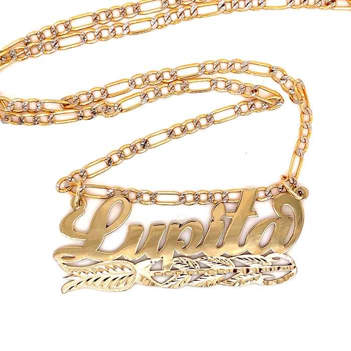 14k Custom Gold Name with Full Rose Design and Figaro Pavé Chain