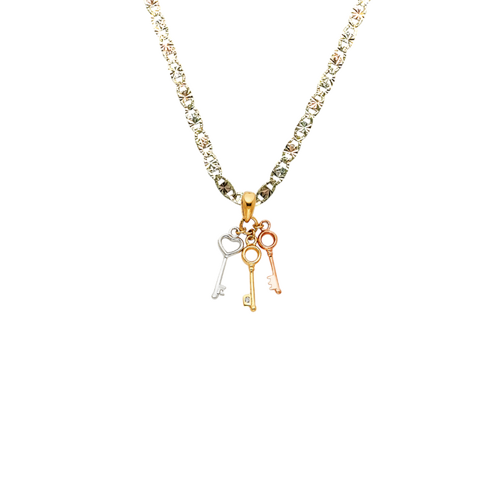 14k Gold Heart Necklace - Tri Tone Heart Keys Gold Pendant - Solid Chain - LE0466