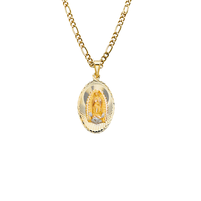14k Gold Virgin Mary Necklace - Diamond Cut Oval Virgin Mary Gold Pendant - Solid Chain - LE0329