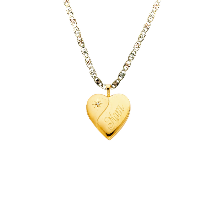 14k Gold Mom Necklace - Mom Heart Gemstone Picture Locket Gold Pendant - Solid Chain - LE2028