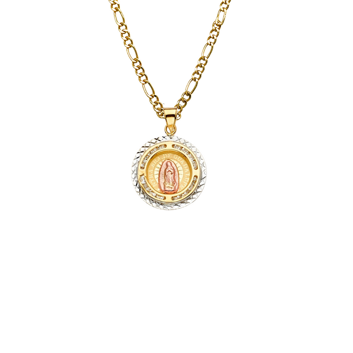 14k Gold Virgin Mary Necklace - Round Gemstone Virgin Mary Gold Pendant - Solid Chain - LE2302