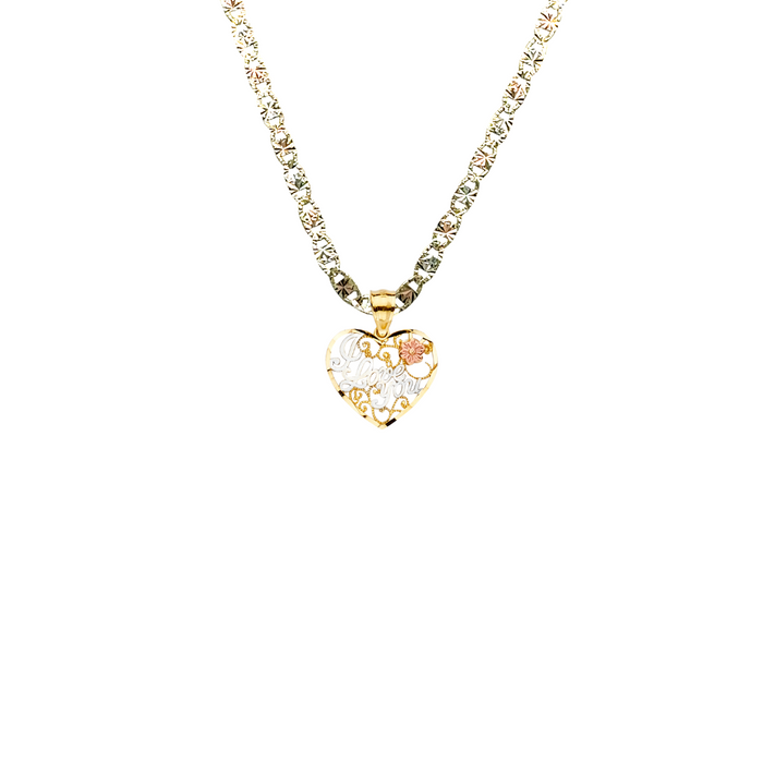 14k Gold Heart Necklace - Tri Tone I Love You Flower Gold Heart Pendant - Solid Chain - LE2377