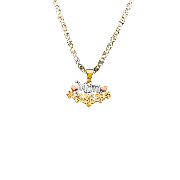 14k Gold Mom Necklace - Tri Tone Hearts Flower Mom Gold Pendant - Solid Chain - LE2697