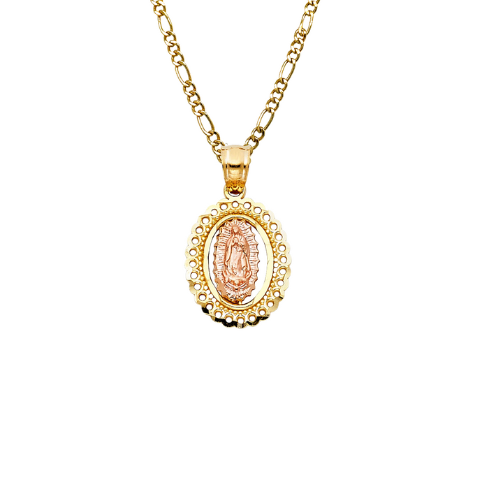 14k Gold Virgin Mary Necklace - Two Tone Oval Virgin Mary Gold Pendant - Solid Chain - LE0382
