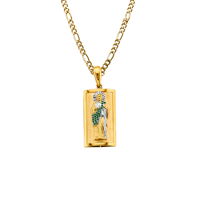 14k Gold San Judas Chain - Two Tone Green Gemstone San Judas Pendant - Solid Chain - LE3073