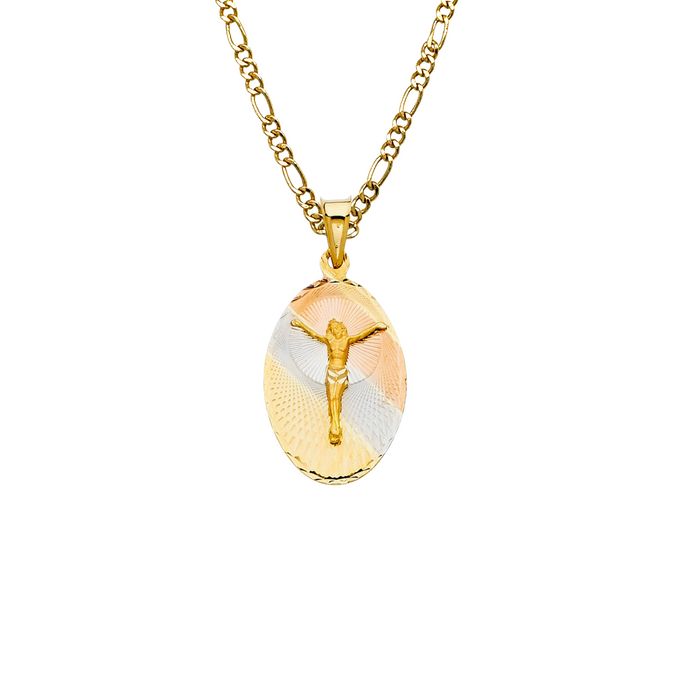 14k Gold Jesus Necklace - Tri Tone Oval Diamond Cut Jesus Gold Pendant - Solid Chain - LE0324