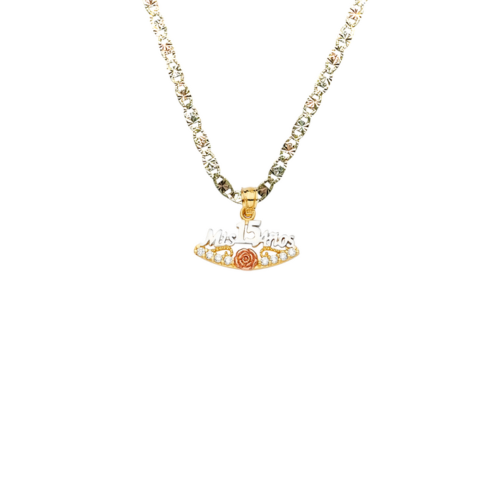 14k Quince Gold Necklace - Gemstone Flower Mis 15 Años Gold Pendant - Solid Chain - LE2357
