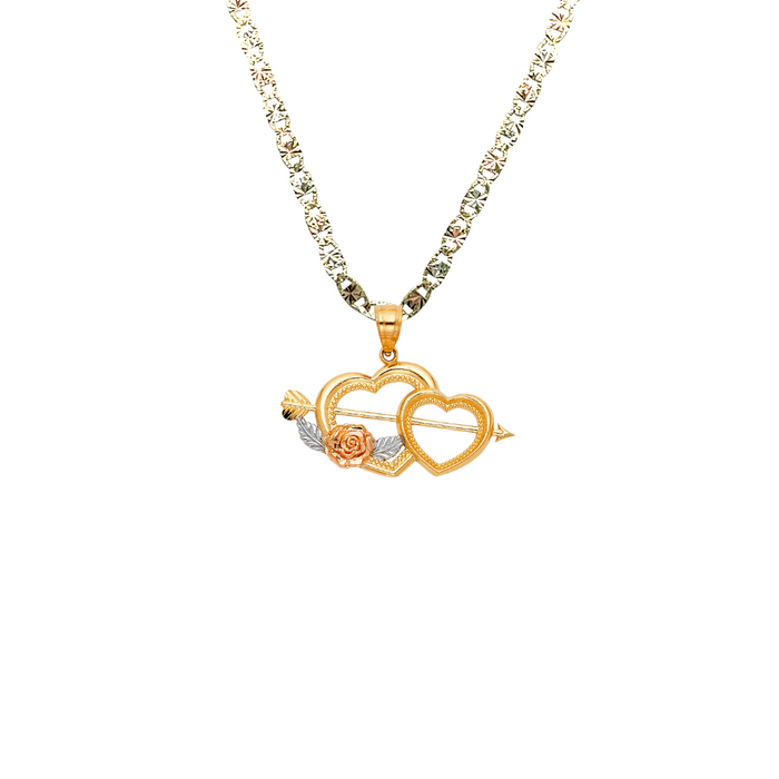 14k Gold Heart Necklace - Tri Tone Flower Arrow Gold Heart Pendant - Solid Chain - LE0418