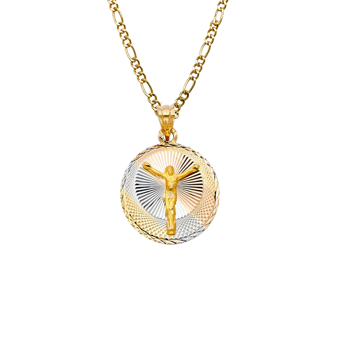 14k Gold Jesus Necklace - Tri Tone Round Diamond Cut Jesus Gold Pendant - Solid Chain - LE0294