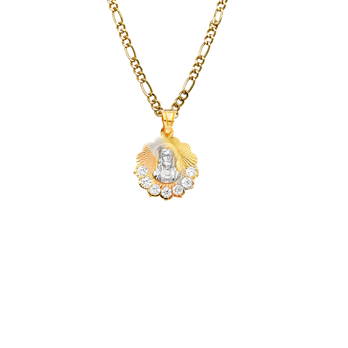 14k Gold Jesus Necklace - Tri Tone Gemstone Diamond Cut Sacred Heart Jesus Gold Pendant - Solid Chain - LE1300
