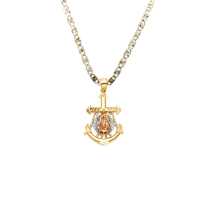 14k Gold Virgin Mary Necklace - Tri Tone Anchor Virgin Mary Gold Pendant - Solid Chain - LE0108