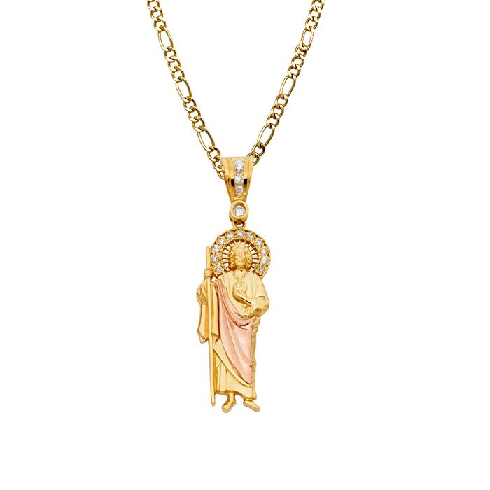 14k Gold San Judas Chain - Two Tone Gemstone San Judas Pendant - Solid Chain - LE1139
