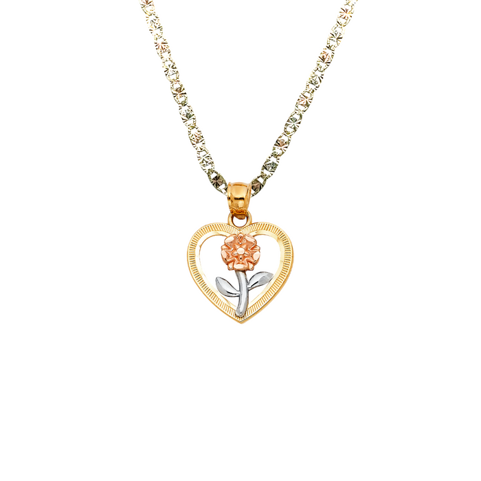 14k Gold Heart Necklace - Tri Tone Flower Gold Heart Pendant - Solid Chain - LE0394