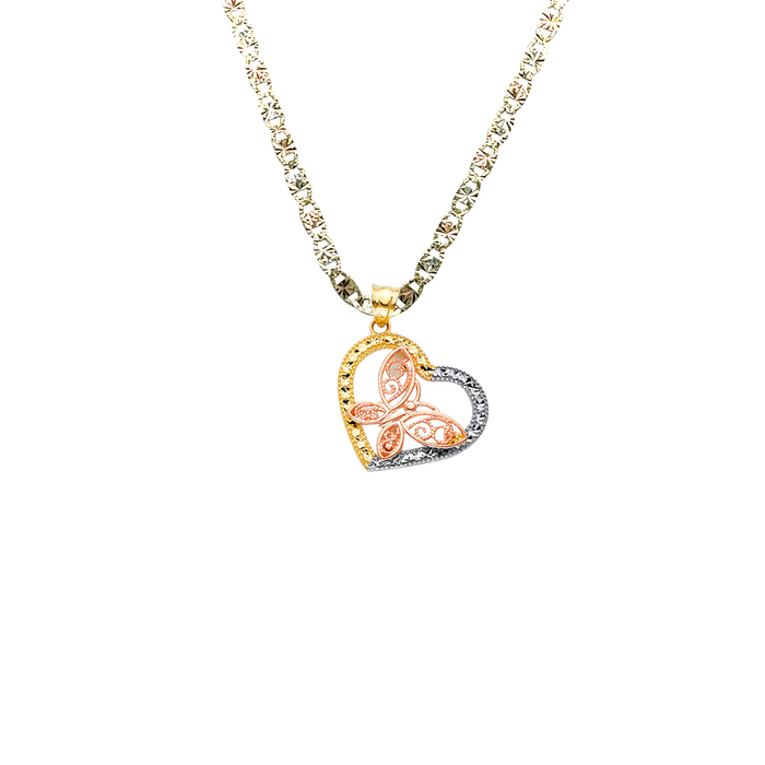 14k Gold Heart Necklace - Tri Tone Diamond Cut Butterfly Gold Heart Pendant - Solid Chain - LE2545