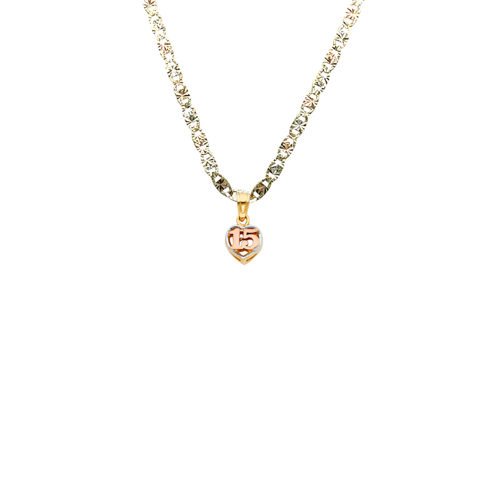 14k Quince Gold Necklace - Tri Tone Dainty Heart 15 Gold Pendant - Solid Chain - LE0370