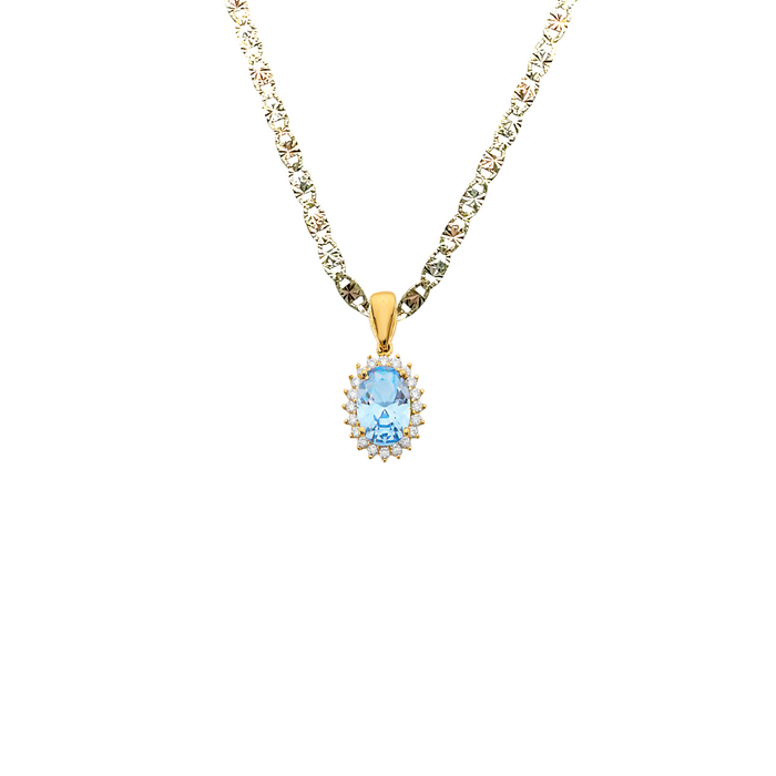 14k Gold Birthstone Necklace - March Oval Gemstone Gold Pendant - Solid Chain - LE303703