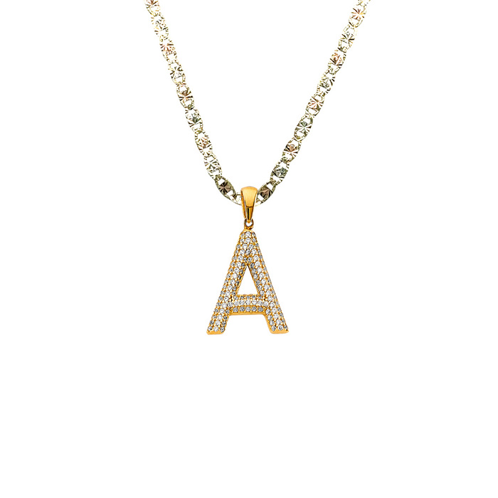 14k Gold Initial Necklace - Gemstone Bubble Initial Gold Pendant - Solid Valentino Chain - LE3243VC