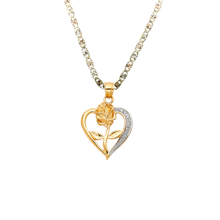 14k Gold Heart Necklace - Rose Flower Gemstone Gold Heart Pendant - Solid Chain - LE1944