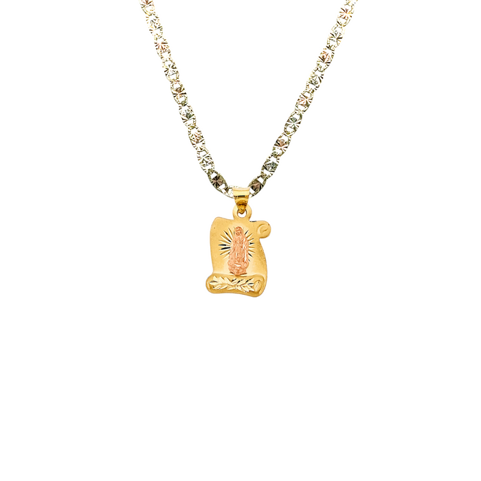 14k Gold Virgin Mary Necklace - Diamond Cut Scroll Virgin Mary Gold Pendant - Solid Chain - LE2895