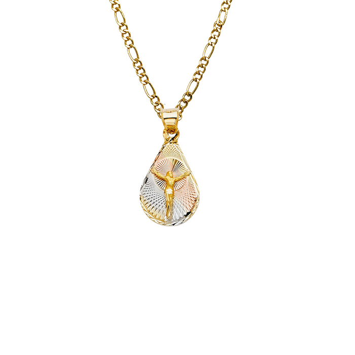 14k Gold Jesus Necklace - Tri Tone Teardrop Diamond Cut Jesus Gold Pendant - Solid Chain - LE0344