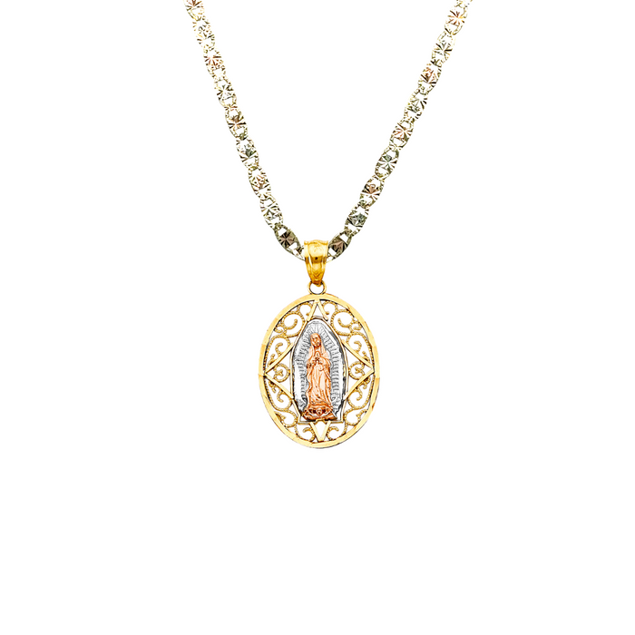 14k Gold Virgin Mary Necklace - Tri Tone Filigrano Oval Virgin Mary Gold Pendant - Solid Chain - LE2809