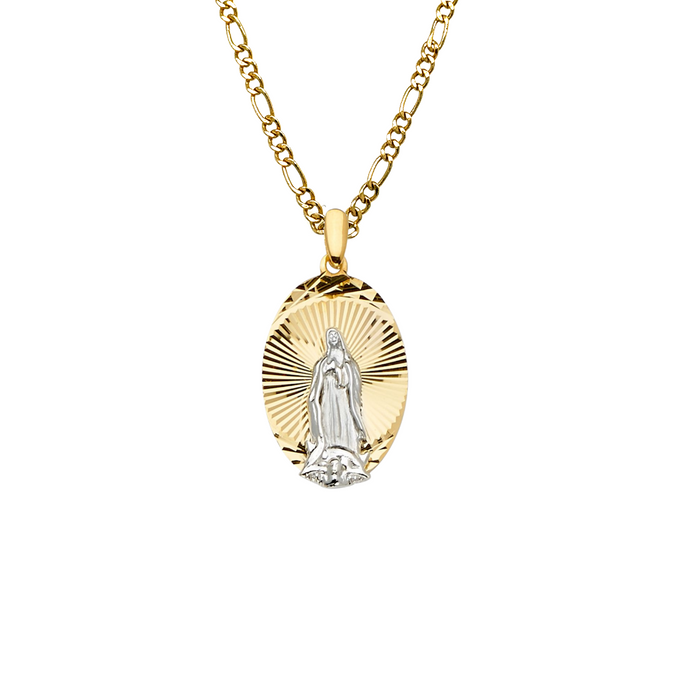 14k Gold Virgin Mary Necklace - Two Tone Diamond Cut Oval Virgin Mary Gold Pendant - Solid Chain - LE2291