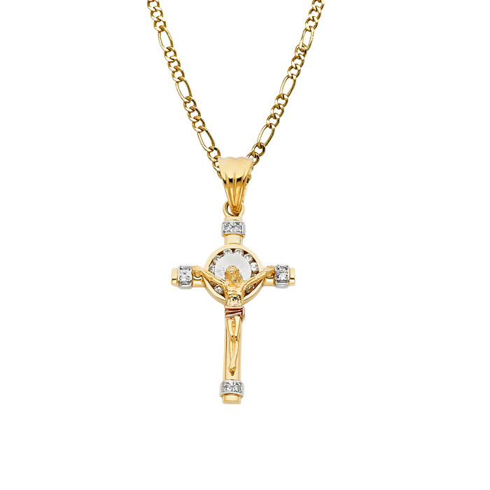 14k Gold Cross Necklace - Tri Tone Gemstone Gold Cross - Solid Chain - LE0942
