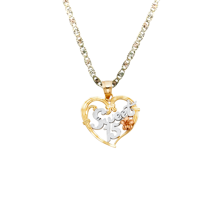 14k Quince Gold Necklace - Tri Tone Heart Flower 15 Gold Pendant - Solid Chain - LE1908
