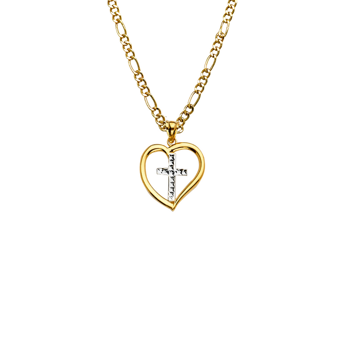 14k Gold Cross Necklace - Two Tone Diamond Cut Gold Cross - Solid Chain - LE2229