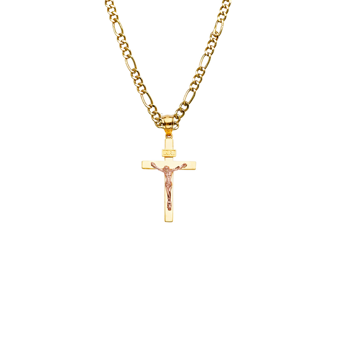 14k Gold Cross Necklace - High Polish Rose Gold Crucifix - Solid Chain - LE2193