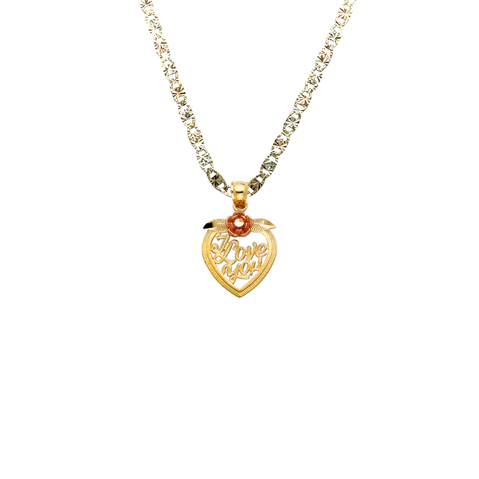 14k Gold Heart Necklace - I Love You Two Tone Flower Gold Heart Pendant - Solid Chain - LE0416