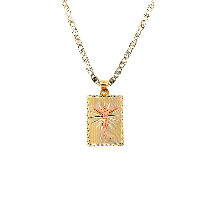 14k Gold Jesus Necklace - Diamond Cut Rectangular Jesus Gold Pendant - Solid Chain - LE2902