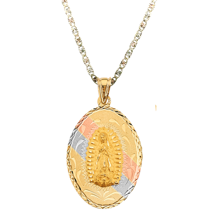 14k Gold Virgin Mary Necklace - XLarge Tri Tone Double Sided Oval Virgin Mary Sacred Heart Gold Pendant - Solid Chain - LE3144