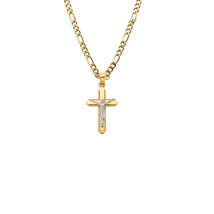 14k Gold Cross Necklace - Two Tone Beaded Edge Gold Crucifix - Solid Chain - LE0041