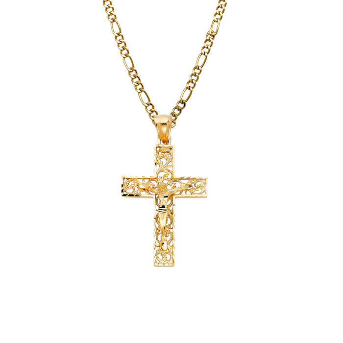 14k Gold Cross Necklace - Fancy Design Gold Cross - Solid Chain - LE0986