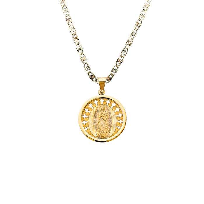 14k Gold Virgin Mary Necklace - High Polish Round Bezel Virgin Mary Gold Pendant - Solid Chain - LE3061