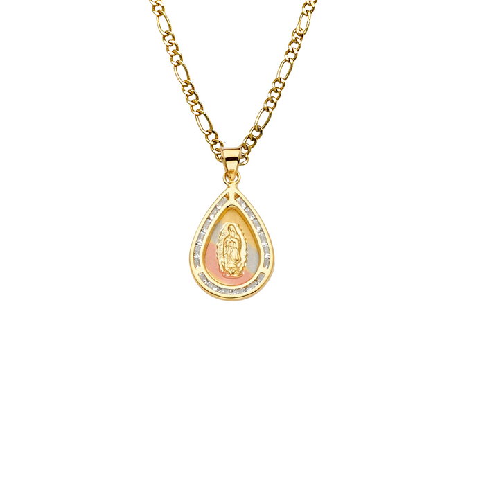 14k Gold Virgin Mary Necklace - Tri Tone Gemstone Virgin Mary Gold Pendant - Solid Chain - LE2297