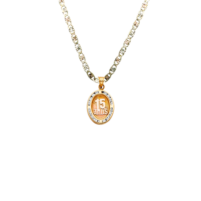 14k Quince Gold Necklace - Oval Gemstone 15 Años Gold Pendant - Solid Chain - LE1329