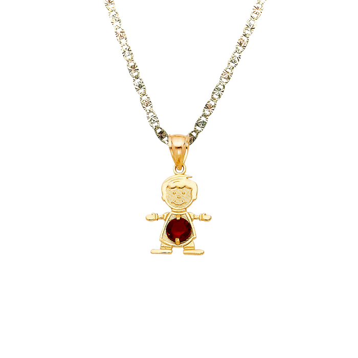 14k Gold Birthstone Necklace - January Boy Son Niño Gemstone Gold Pendant - Solid Chain - LE066101