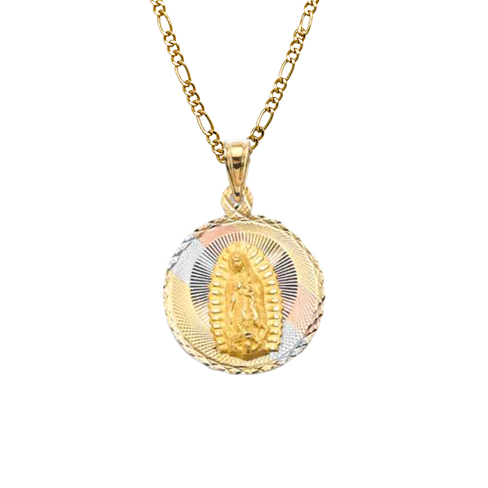 14k Gold Virgin Mary Necklace - Tri Tone Diamond Cut Double Sided Virgin Mary San Judas Gold Pendant - Solid Chain - LE3150