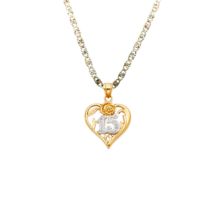 14k Quince Gold Necklace - Two Tone Heart 15 Gold Pendant - Solid Chain - LE1873
