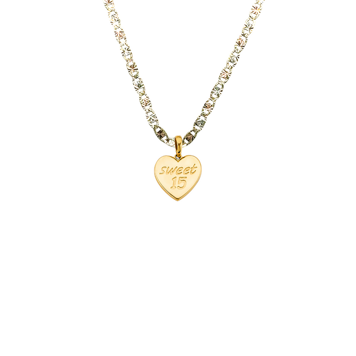 14k Quince Gold Necklace - High Polish Heart Sweet 15 Gold Pendant - Solid Chain - LE2972